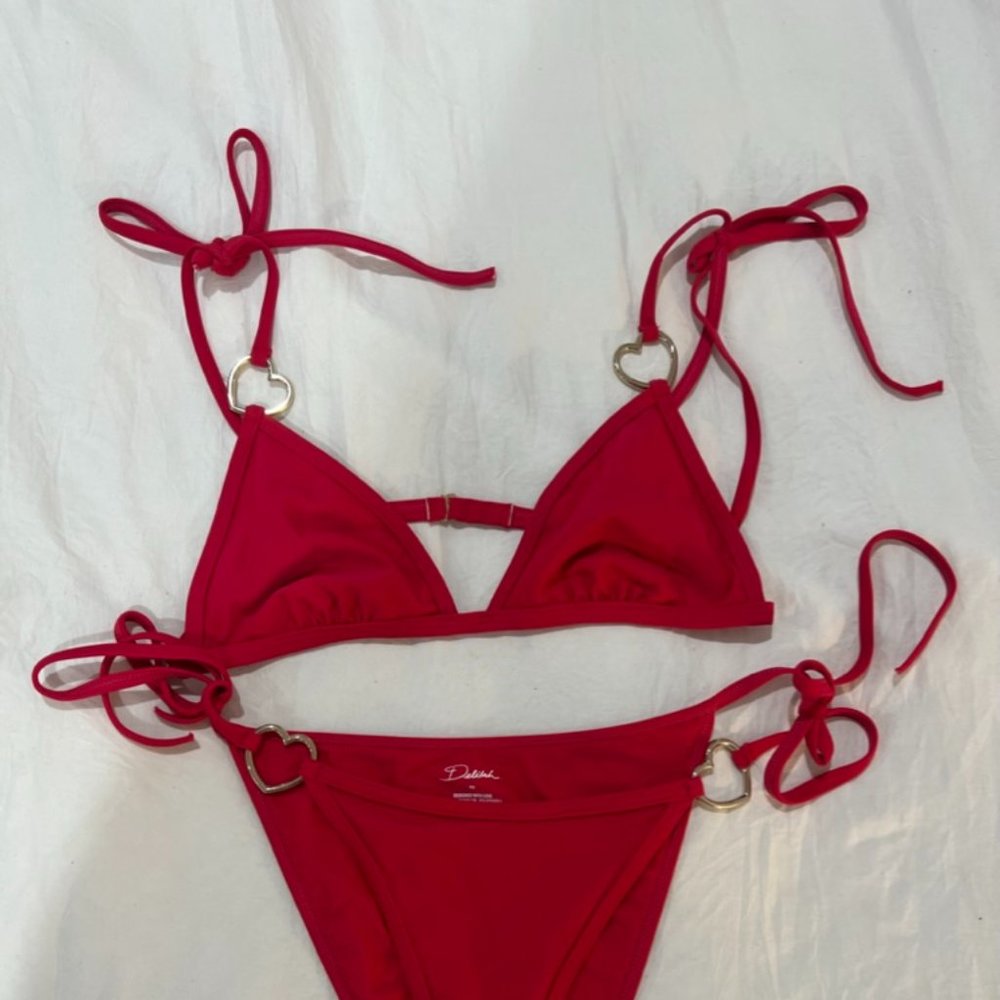 Delilah Red Bikini Set with Gold Hearts Detail